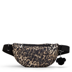 Leopard print belt bag with black adjustable strap, gold-tone zip, and black pom-pom charm detail