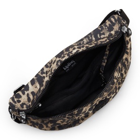 Kipling leopard print crossbody bag, open to show black interior lining, silver-tone zip hardware and adjustable strap.