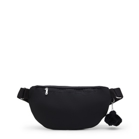 Kipling black belt bag with zip front pocket, adjustable strap, and signature monkey keychain