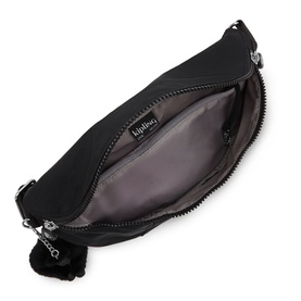 Kipling black crossbody bag open to show grey fabric interior, zip closure, and silver-tone hardware with signature monkey keychain.