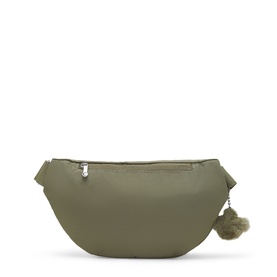 Olive green nylon belt bag with silver-tone zip, adjustable strap, and signature khaki pom-pom charm