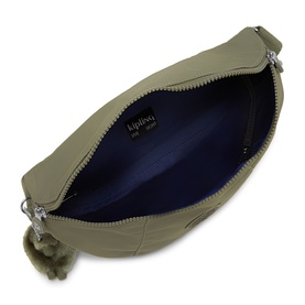 Kipling green textured crossbody bag, open to reveal navy blue interior lining, silver-tone zip hardware and signature monkey keychain