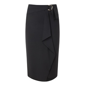 Max Mara Studio nero pencil skirt with wrap-front ruffle detail and gold D-ring belt, midi length in virgin wool blend