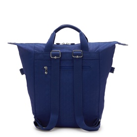 Kipling backpack in Diamond Wave Em blue, nylon fabric, silver-tone hardware, dual top handles and adjustable backpack straps, rear view.