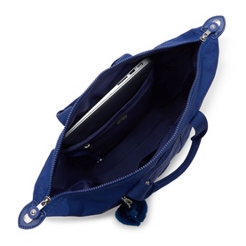 Kipling bag in Diamond Wave Em blue, open top view showing interior laptop compartment and zip pockets with silver hardware.