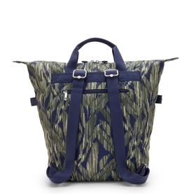 Kipling bag in Striped Grasses print with navy straps, dual top handles, silver-tone hardware, and convertible backpack straps