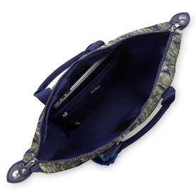 Kipling bag in Striped Grasses, open top view revealing navy blue interior with zip pocket and structured handles.