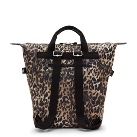 Leopard-print nylon tote backpack with black top handles, silver buckle hardware, and adjustable backpack straps