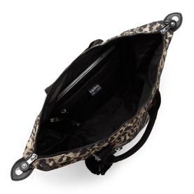 Open top-down view of a leopard print tote bag with black lining, zip closure, and silver-tone hardware