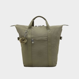 Kipling sage green nylon tote bag with silver hardware, front zip pocket, short handles, and signature monkey keyring charm