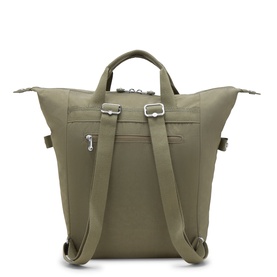 Sage green backpack with silver-tone hardware, top carry handle, adjustable shoulder straps, and exterior zip pocket, rear view