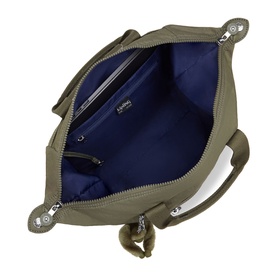 Kipling khaki green nylon tote bag, open to reveal blue interior lining, silver-tone zip and hardware, flat base view