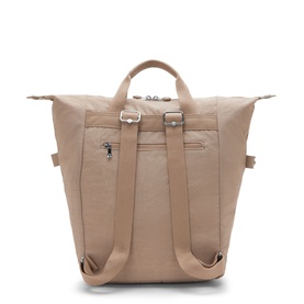 Kipling backpack in beige/sand tone, silver-tone hardware, top carry handle, adjustable shoulder straps, front zip pocket, rear view