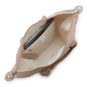 Nude beige leather handbag interior view, silver zip hardware, cream lining with inner zip pocket visible