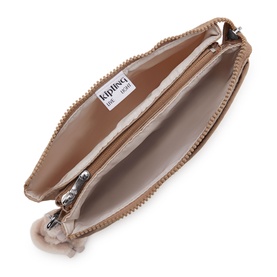 Kipling small beige pouch bag opened to reveal interior zip pocket and main compartment, with silver-tone hardware and branded label.