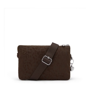 Dark brown textured crossbody bag with silver-tone hardware, adjustable shoulder strap, and zip top closure with monkey charm detail.