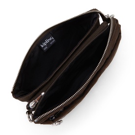 Kipling dark brown crossbody bag shown open, revealing black interior lining with silver-tone zip hardware and multiple compartments.