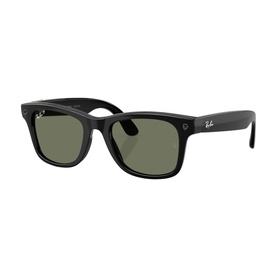 Ray-Ban Polar black Wayfarer-style sunglasses with green-tinted lenses and integrated smart technology on thick black frames