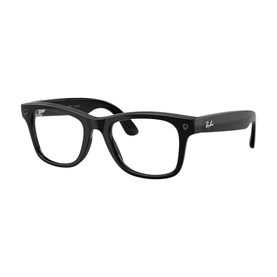 Ray-Ban Polar smart glasses in black with classic square Wayfarer frames, silver Ray-Ban logo on temple, clear lenses