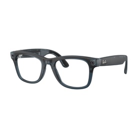 Ray-Ban Polar smart glasses in blue transparent square frames with camera-integrated temples, angled front view
