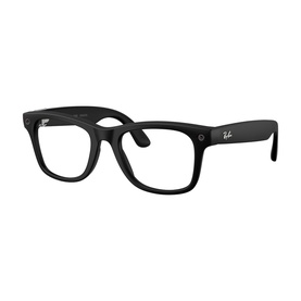 Ray-Ban Polar smart glasses in black, square Wayfarer-style frames with thick temples and clear lenses, angled view
