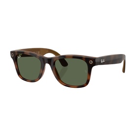 Ray-Ban Polar sunglasses in brown tortoiseshell with green lenses and classic Wayfarer-style frame, angled product view