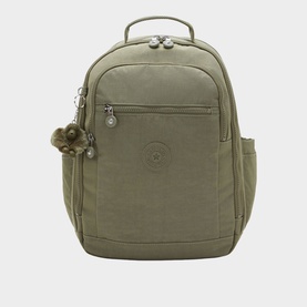 Kipling Seoul Large Backpack in sage green nylon with silver-tone zips, front pocket, side pockets and signature monkey charm.