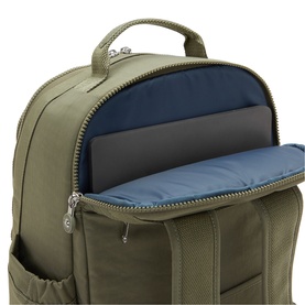 Olive green backpack with open main compartment revealing blue padded laptop sleeve, silver zip hardware, and front pocket detail.