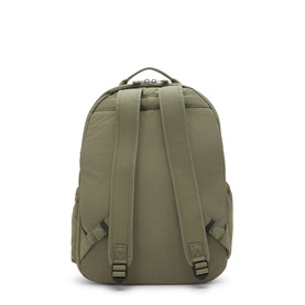 Kipling Almost Sage green nylon backpack, rear view showing padded shoulder straps, carry handle, and silver hardware adjusters.