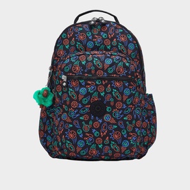 Kipling Seoul Lap Backpack in Sport Doodle print, navy with colourful floral doodles, two front zip pockets, green monkey keyring