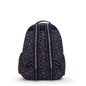 Kipling backpack in Sport Doodle print, dark navy base with colourful doodle graphics, padded back straps and top carry handle.