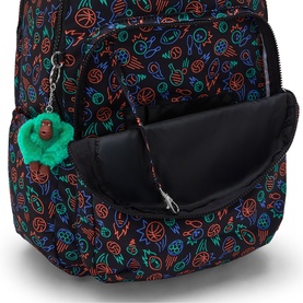 Kipling backpack in Sport Doodle print with open front pocket, black lining, silver zip hardware, and signature green monkey keyring.