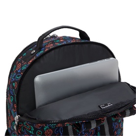 Kipling backpack in Sport Doodle print, open main compartment showing padded laptop sleeve interior, black multicolour graphic design.