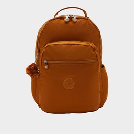 Kipling Seoul large backpack in burnt orange nylon with gold-tone zips, front pocket, top handle, and signature monkey keyring charm