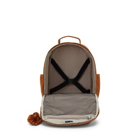 Kipling backpack in Stylish Mokka, open view showing padded interior, elastic straps, mesh pocket, and tan exterior with monkey keyring.