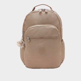 Kipling Seoul Large Backpack in warm beige with silver-tone zips, front zip pocket, top handle, and signature monkey keyring charm