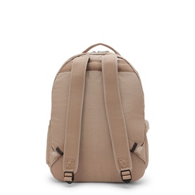 Kipling beige nylon backpack, rear view showing padded shoulder straps, carry handle, and structured back panel