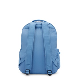 Kipling Vintage Blue backpack, rear view showing padded straps, back panel and blue hardware clip at base.