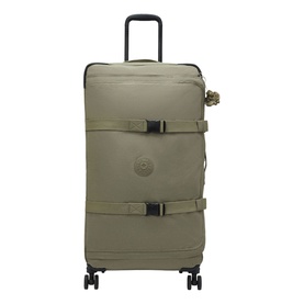 Kipling large olive green soft-shell spinner suitcase with buckle straps, retractable handle, and four wheels