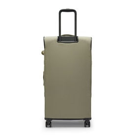 Kipling large soft-shell suitcase in sage green with black telescopic handle and four spinner wheels, rear view