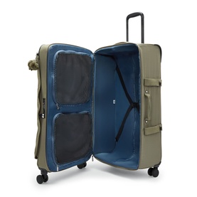 Kipling large olive green soft-shell suitcase, open showing blue interior lining, pockets, garment strap, and four spinner wheels