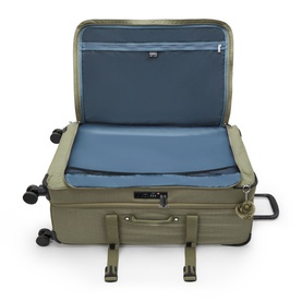 Olive green soft-shell suitcase open to reveal blue interior lining, zip pockets, and four spinner wheels visible beneath