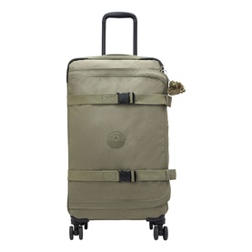 Kipling Spontaneous M Medium Wheeled Luggage in Almost Sage, four-wheel spinner, top carry handle, front buckle straps, monkey keyring charm