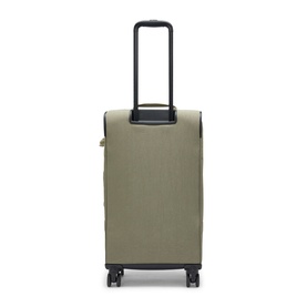 Kipling Almost Sage medium softshell suitcase, rear view showing extended black telescopic handle and four spinner wheels.