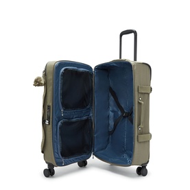 Kipling Almost Sage medium spinner suitcase open showing blue interior with pockets, straps, and four spinner wheels