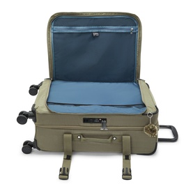 Kipling Almost Sage soft-shell spinner suitcase, open showing blue interior compartment with zip pockets and four wheels visible.