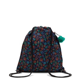 Kipling drawstring backpack in dark navy paisley print with multicolour floral pattern and teal pom-pom detail, black cord straps