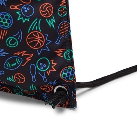 Black drawstring bag with neon sports print featuring basketball, bowling, volleyball and tennis icons, with black cord drawstring detail