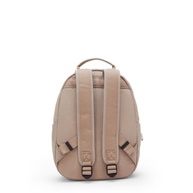 Taupe mini backpack, rear view showing padded shoulder straps, top carry handle, and adjustable buckle fastenings