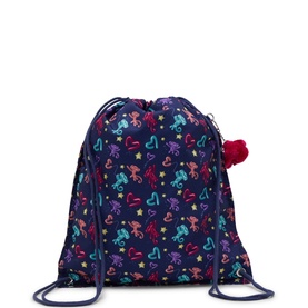 Kipling drawstring bag in Balloon Monkey print, navy blue with multicoloured monkey and heart pattern, red pom-pom charm detail.
